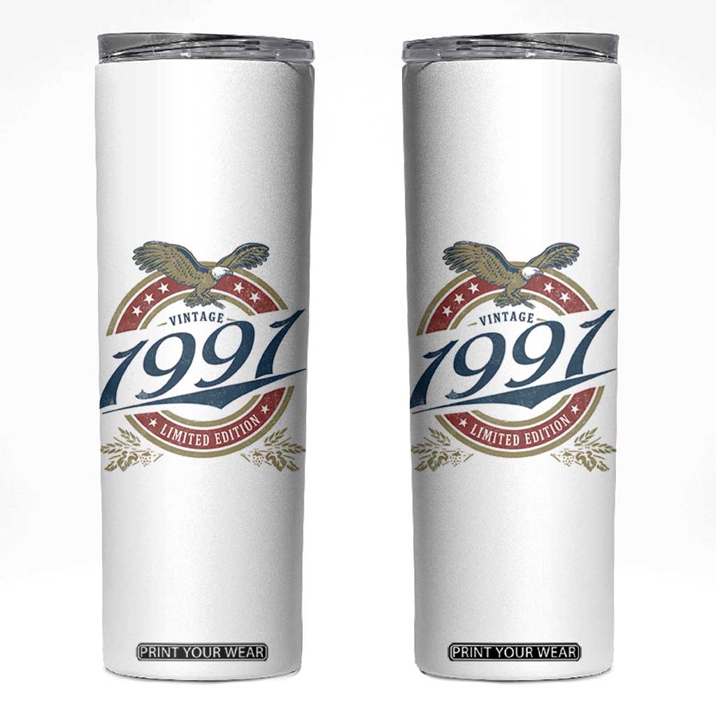 35th Birthday Beer Lover Vintage 1991 Limited Edition Skinny Tumbler Bald Eagle TS11 White Print Your Wear