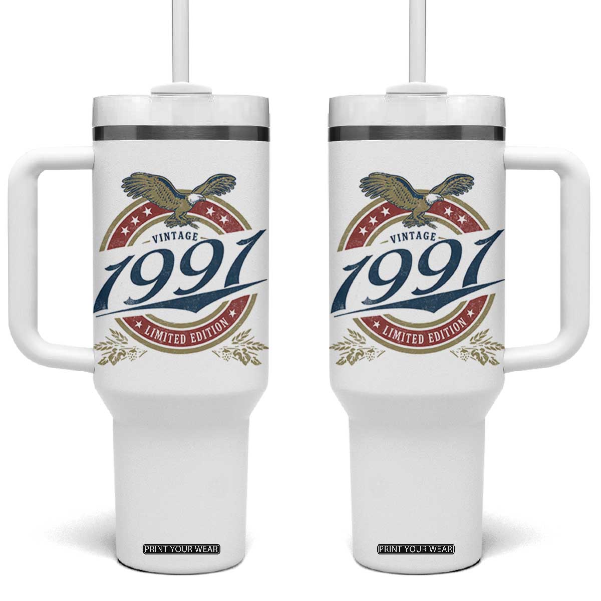 35th Birthday Beer Lover Vintage 1991 Limited Edition Tumbler With Handle Bald Eagle