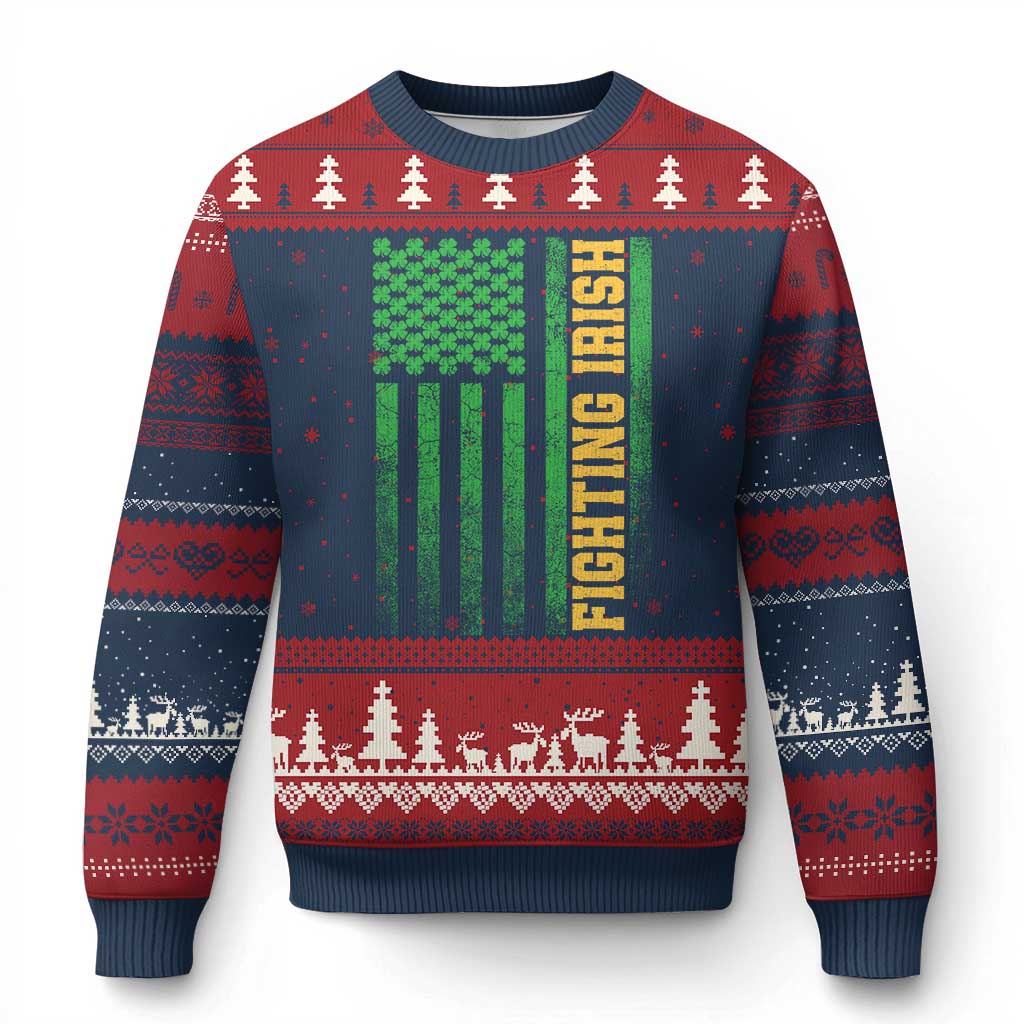 Vintage Fighting Irish Shamrock American Flag Ugly Christmas Sweater