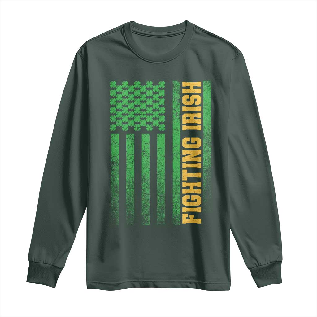 Vintage Fighting Irish Shamrock American Flag Long Sleeve Shirt