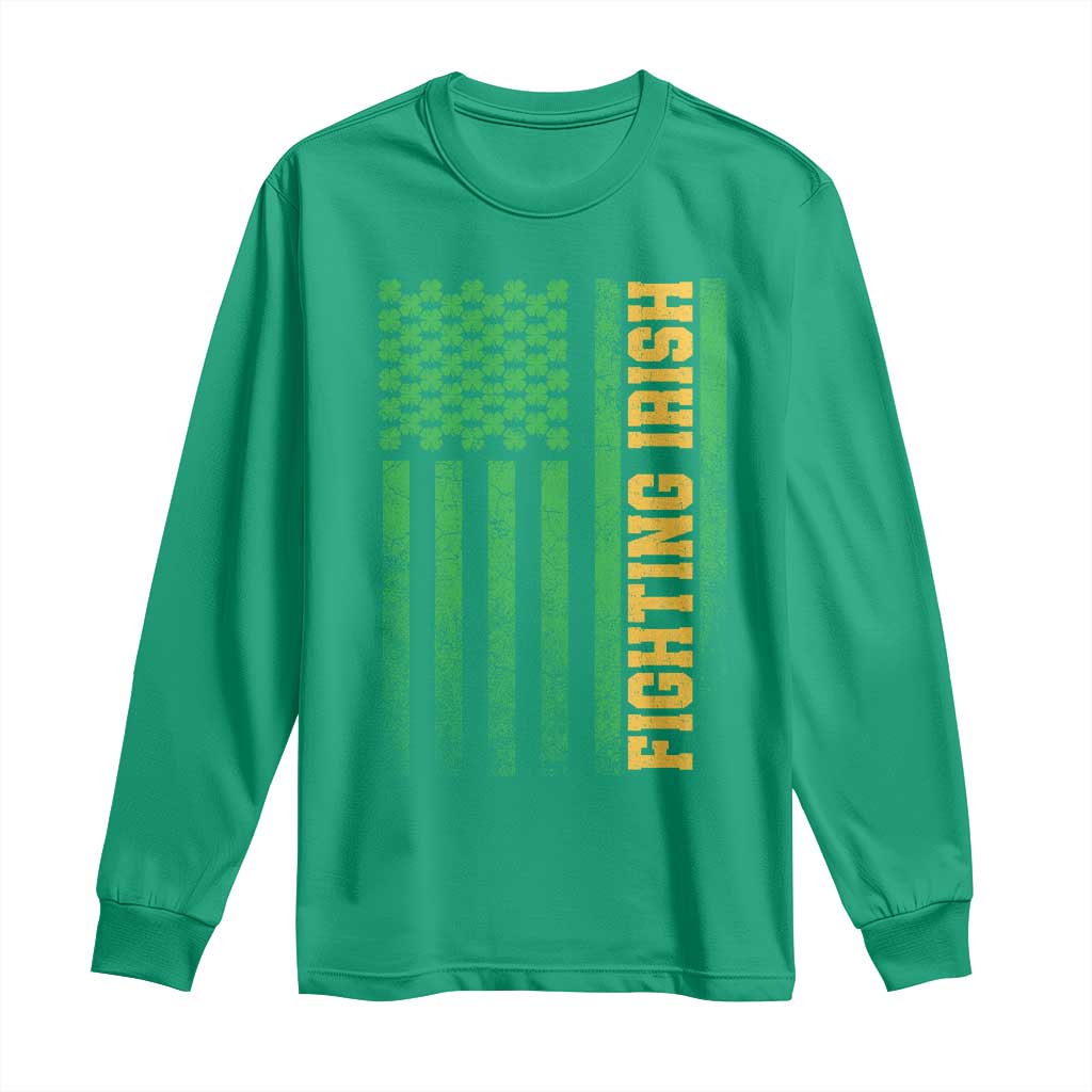 Vintage Fighting Irish Shamrock American Flag Long Sleeve Shirt TS11 Irish Green Print Your Wear