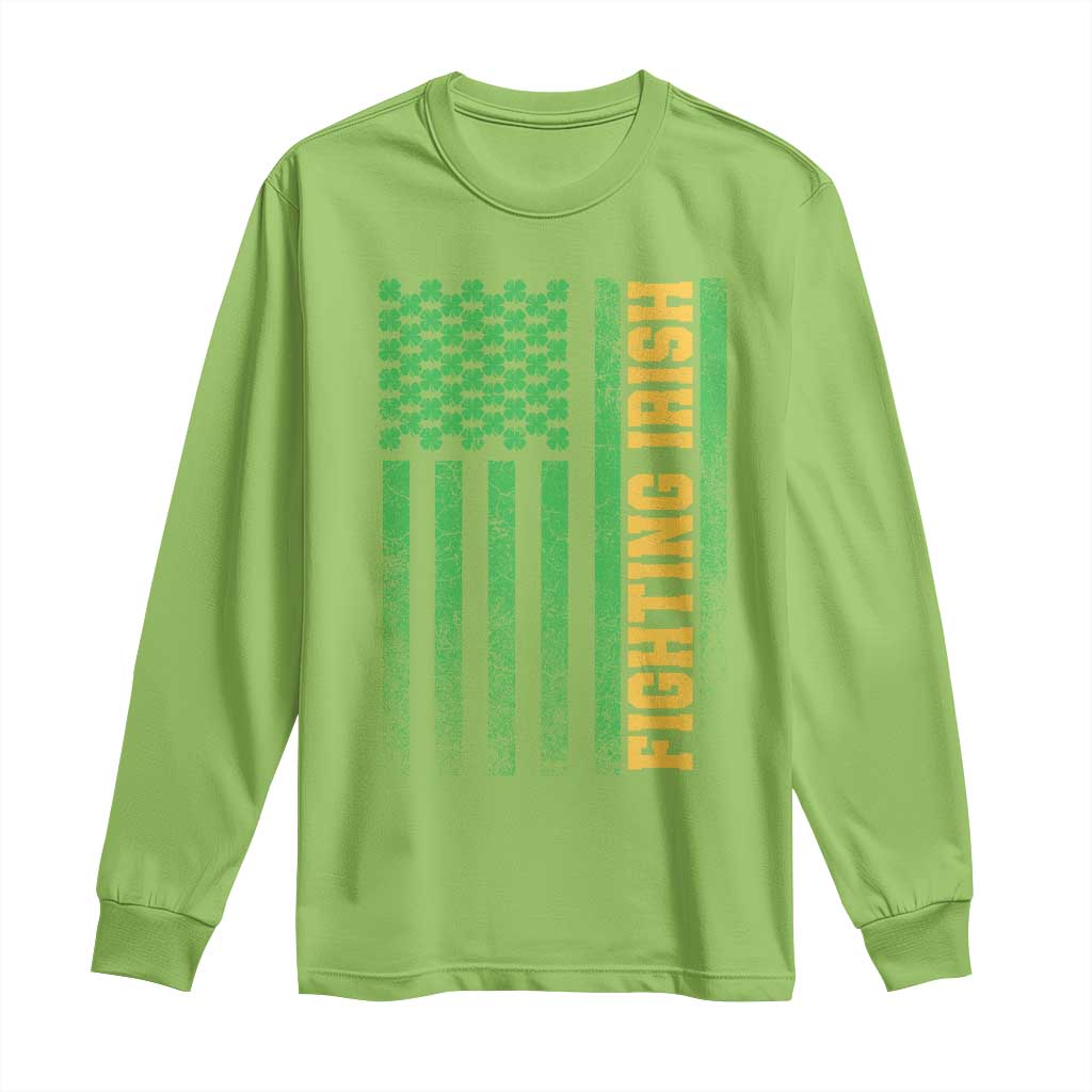Vintage Fighting Irish Shamrock American Flag Long Sleeve Shirt