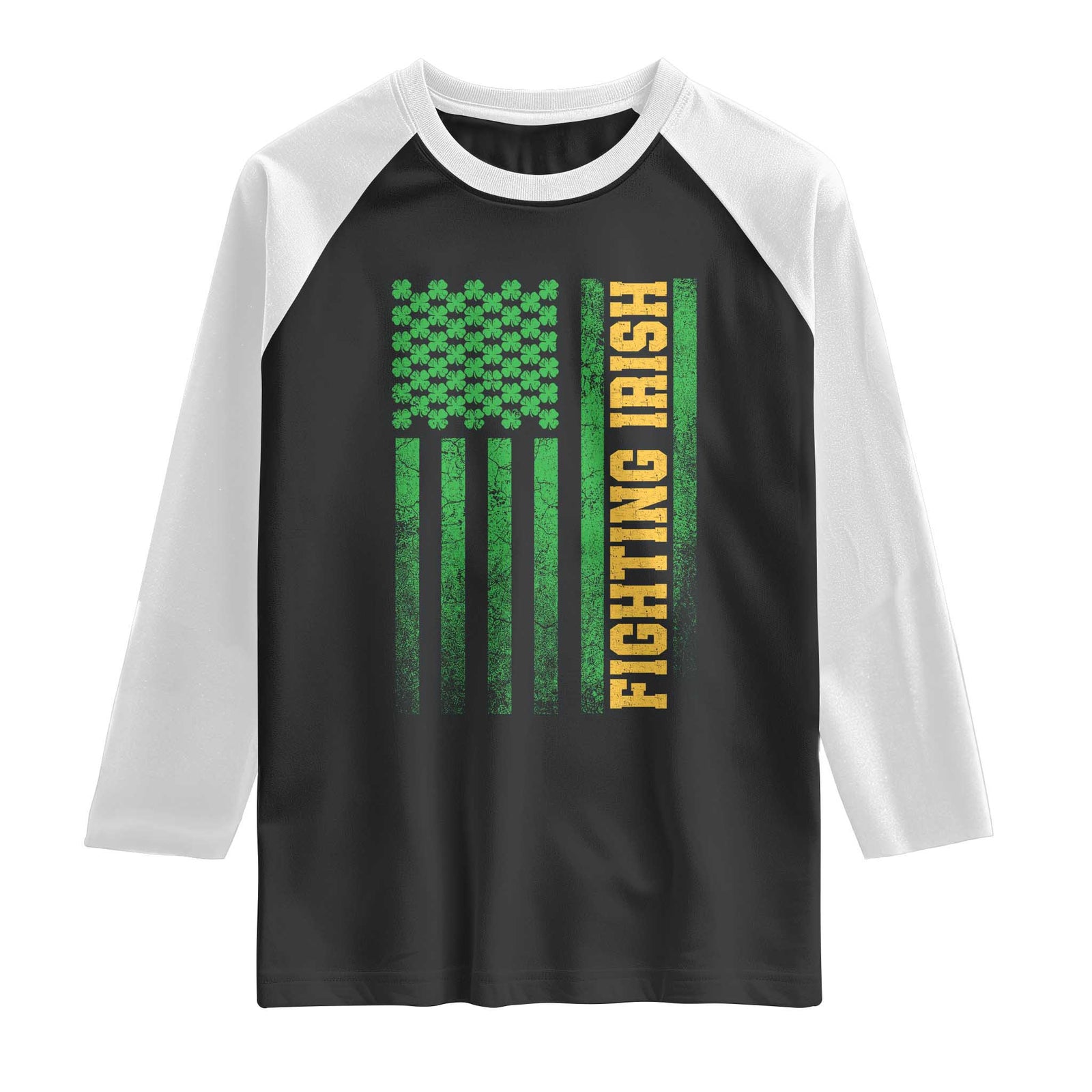 Vintage Fighting Irish Shamrock American Flag Raglan Shirt TS11 Black White Print Your Wear