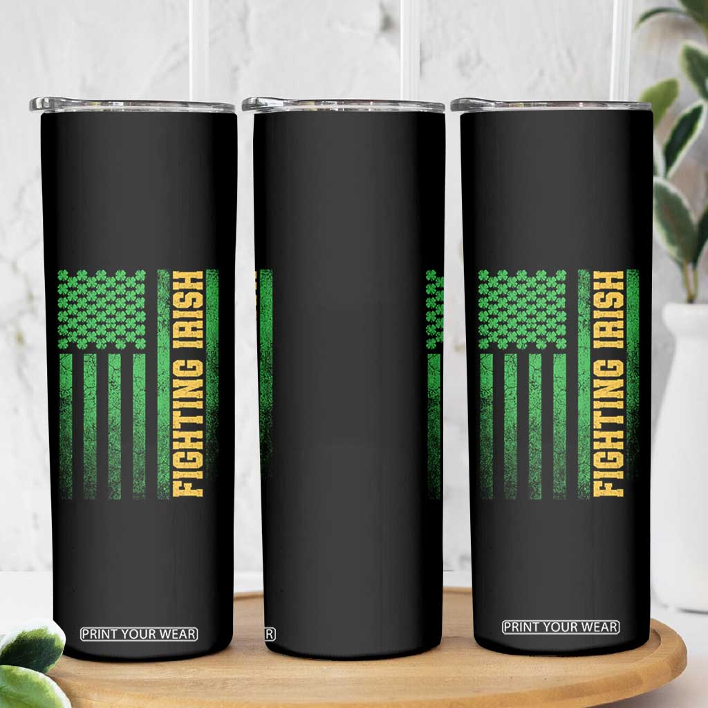 Vintage Fighting Irish Shamrock American Flag Skinny Tumbler