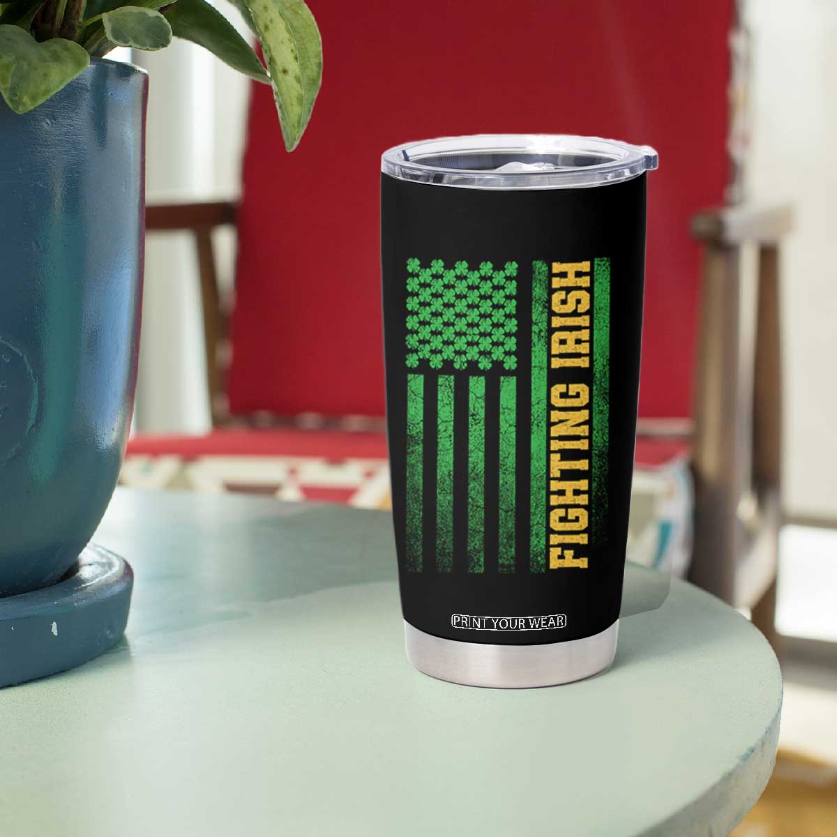 Vintage Fighting Irish Shamrock American Flag Tumbler Cup