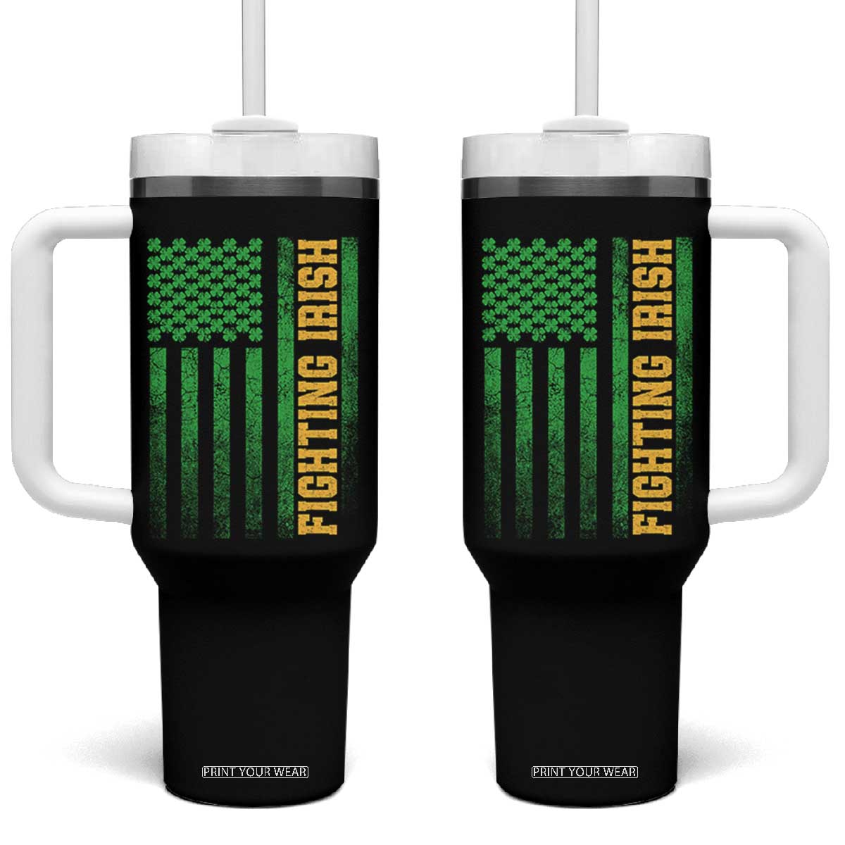 Vintage Fighting Irish Shamrock American Flag Tumbler With Handle