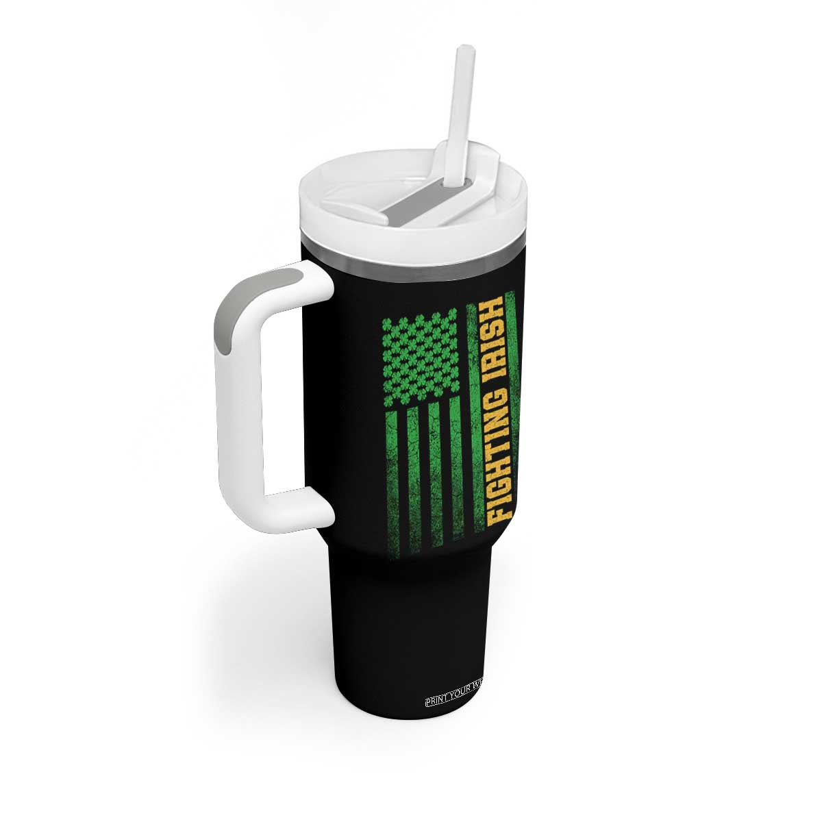 Vintage Fighting Irish Shamrock American Flag Tumbler With Handle