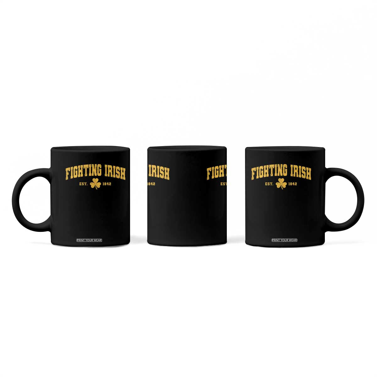 Fighting Irish Est 1842 Coffee Mug Vintage Varsity Sports Jersey Style Gold Shamrock