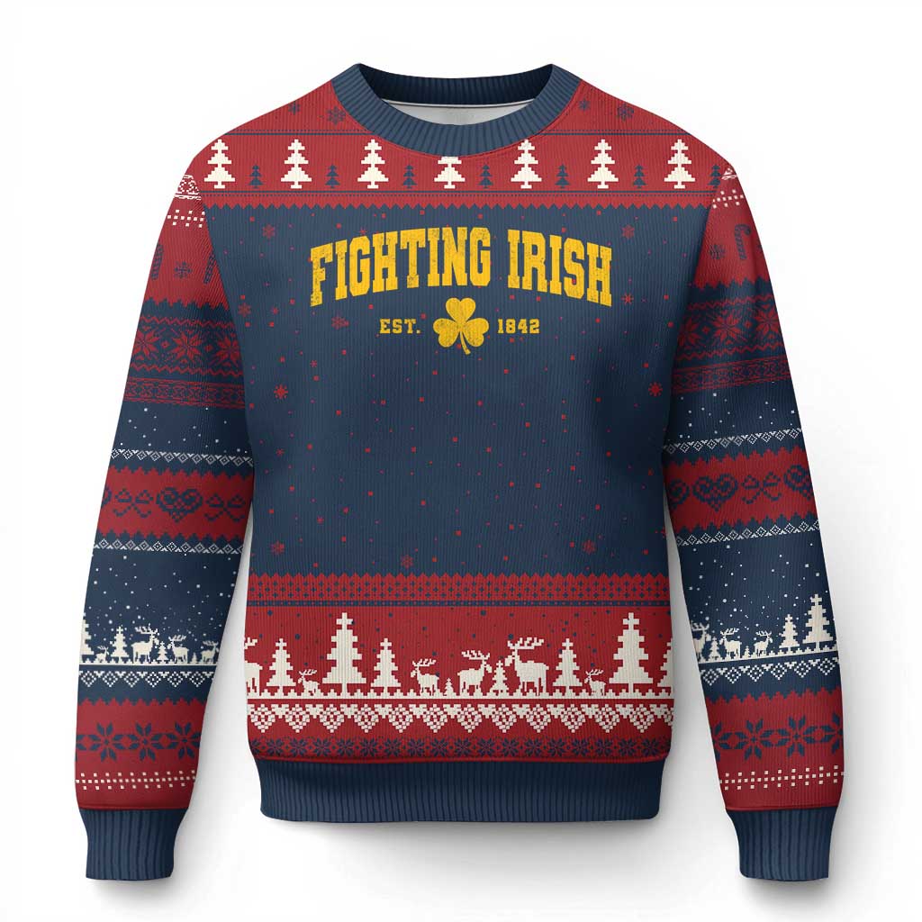 Fighting Irish Est 1842 Ugly Christmas Sweater Vintage Varsity Sports Jersey Style Gold Shamrock