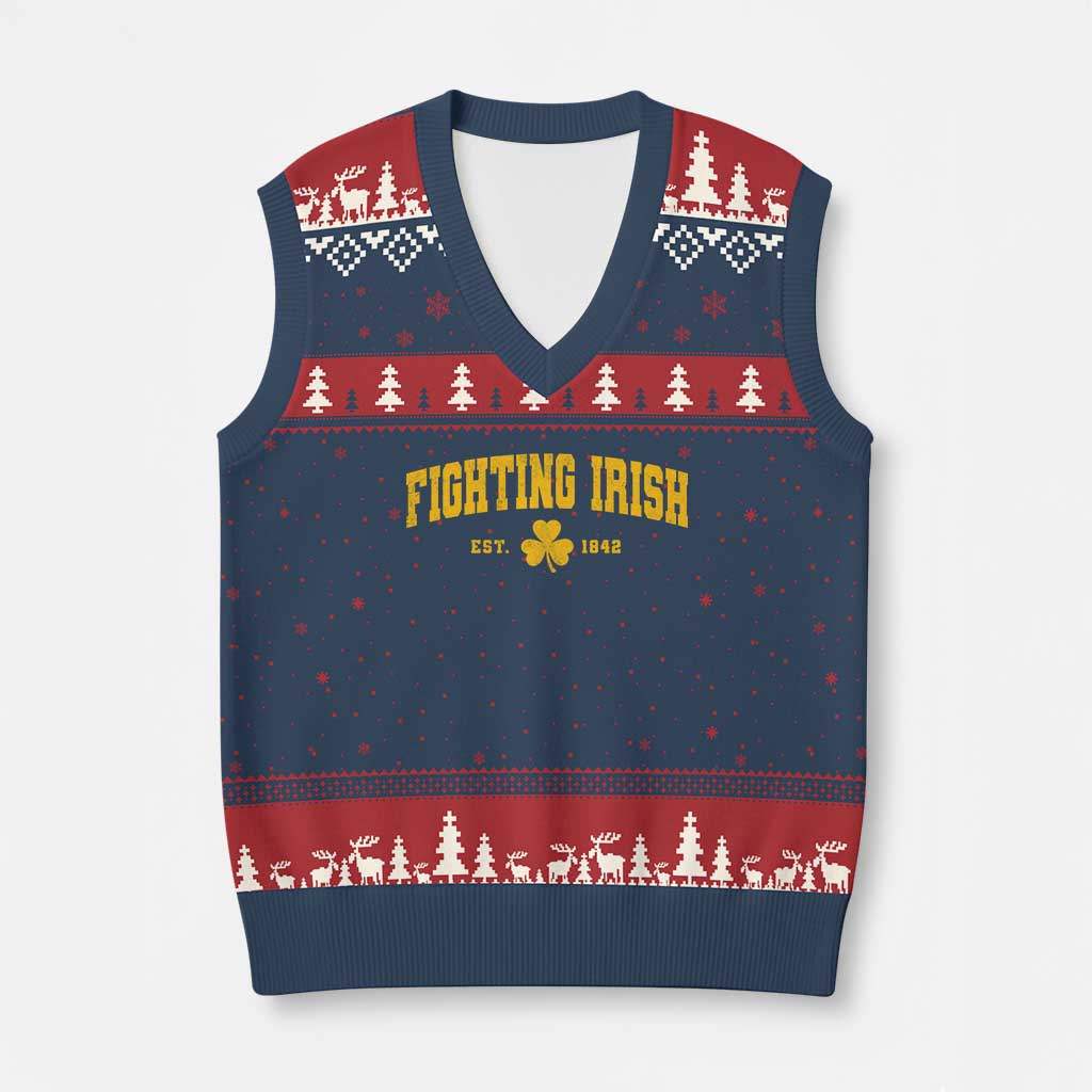 Fighting Irish Est 1842 V-Neck Knit Sweater Vest Vintage Varsity Sports Jersey Style Gold Shamrock TS11 Navy Red Print Your Wear