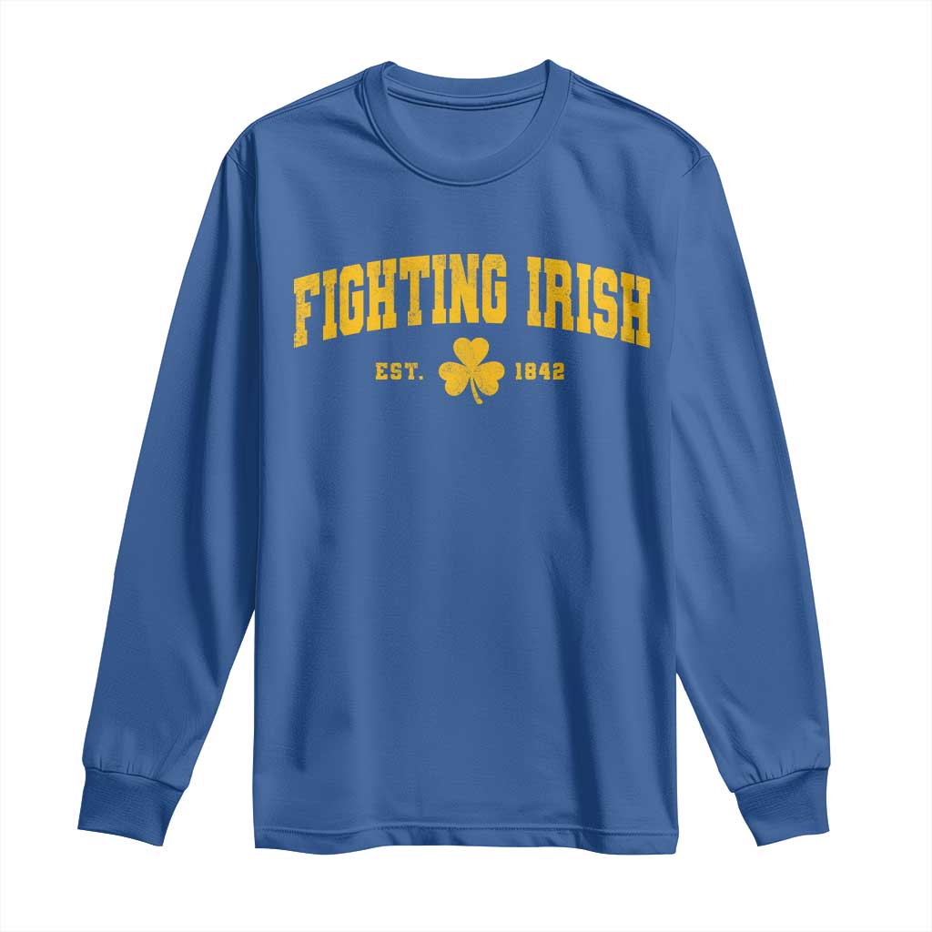 Fighting Irish Est 1842 Long Sleeve Shirt Vintage Varsity Sports Jersey Style Gold Shamrock