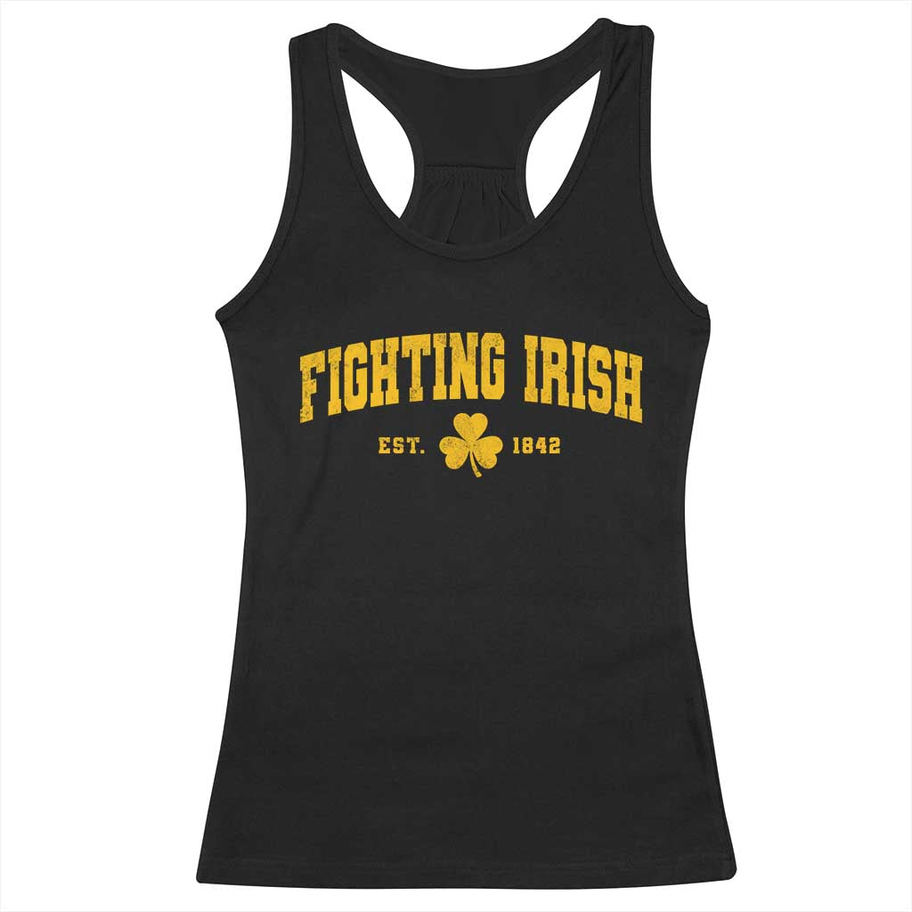 Fighting Irish Est 1842 Racerback Tank Top Vintage Varsity Sports Jersey Style Gold Shamrock
