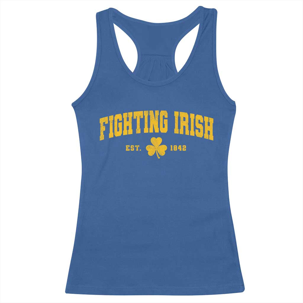 Fighting Irish Est 1842 Racerback Tank Top Vintage Varsity Sports Jersey Style Gold Shamrock