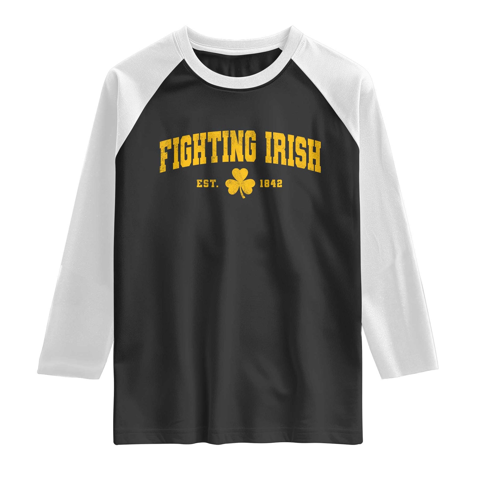 Fighting Irish Est 1842 Raglan Shirt Vintage Varsity Sports Jersey Style Gold Shamrock TS11 Black White Print Your Wear