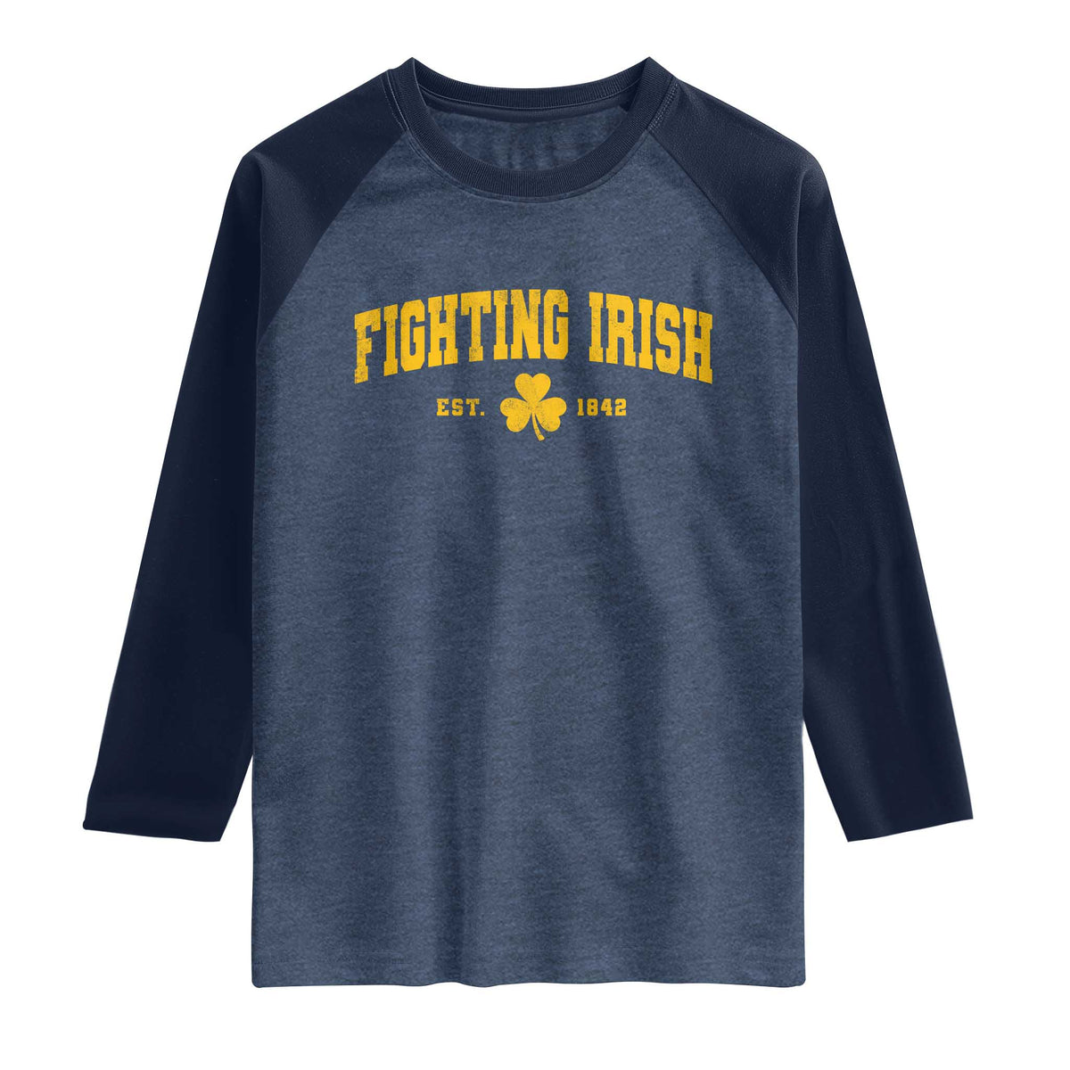 Fighting Irish Est 1842 Raglan Shirt Vintage Varsity Sports Jersey Style Gold Shamrock