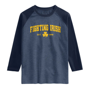 Fighting Irish Est 1842 Raglan Shirt Vintage Varsity Sports Jersey Style Gold Shamrock