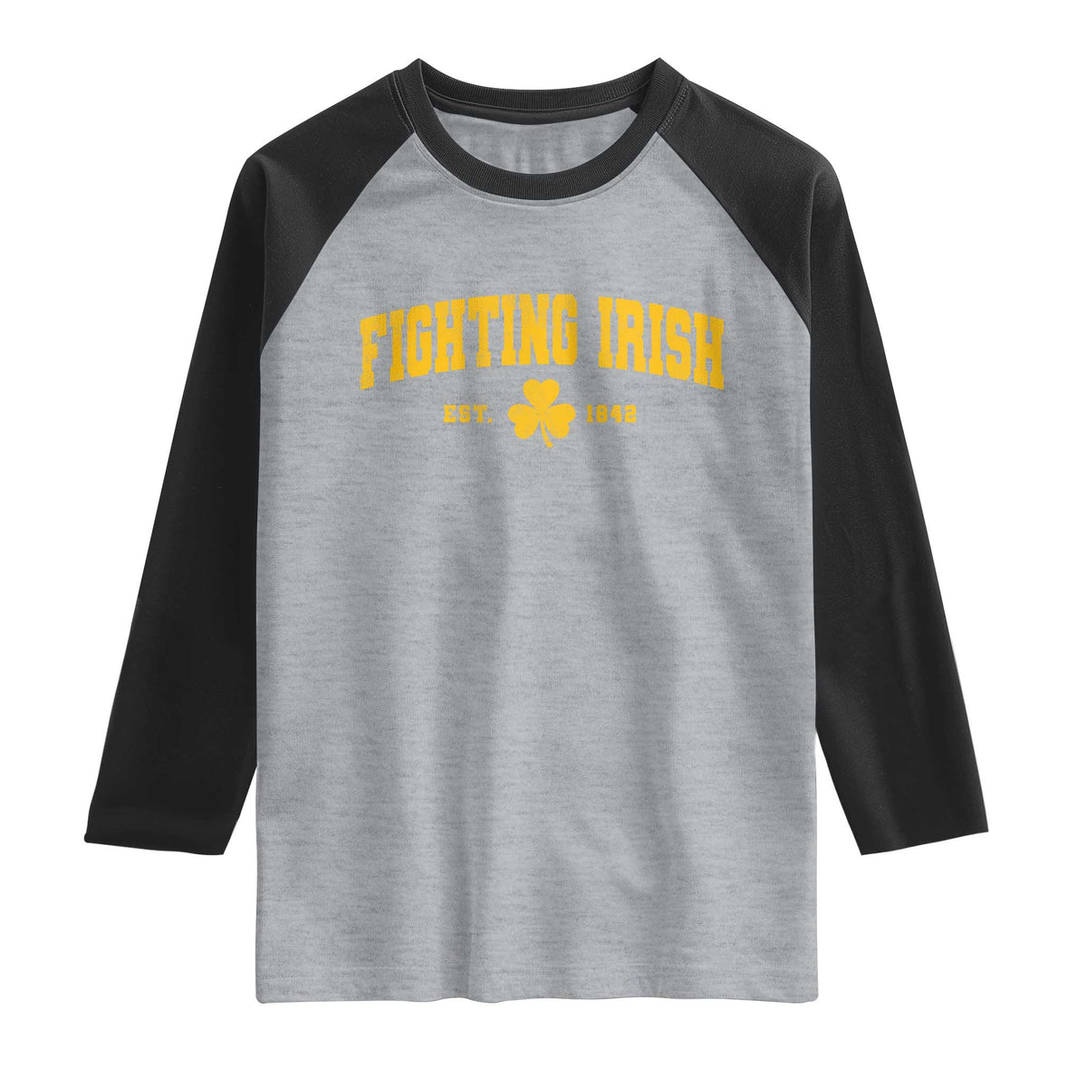 Fighting Irish Est 1842 Raglan Shirt Vintage Varsity Sports Jersey Style Gold Shamrock