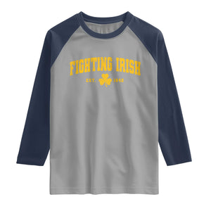 Fighting Irish Est 1842 Raglan Shirt Vintage Varsity Sports Jersey Style Gold Shamrock
