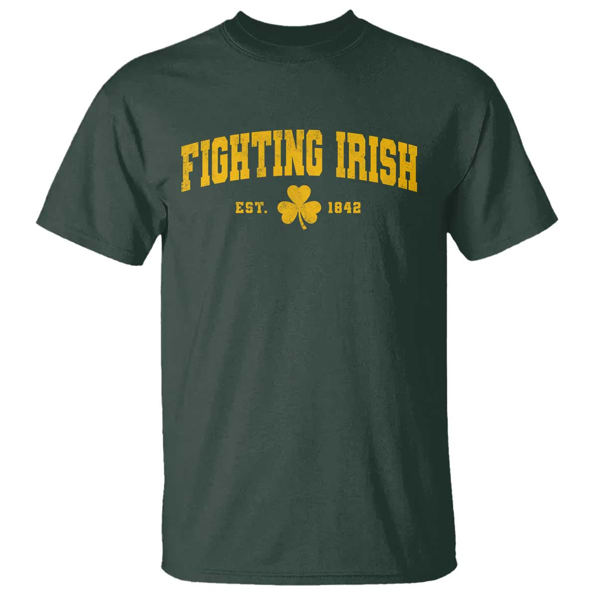 Fighting Irish Est 1842 T Shirt Vintage Varsity Sports Jersey Style Gold Shamrock