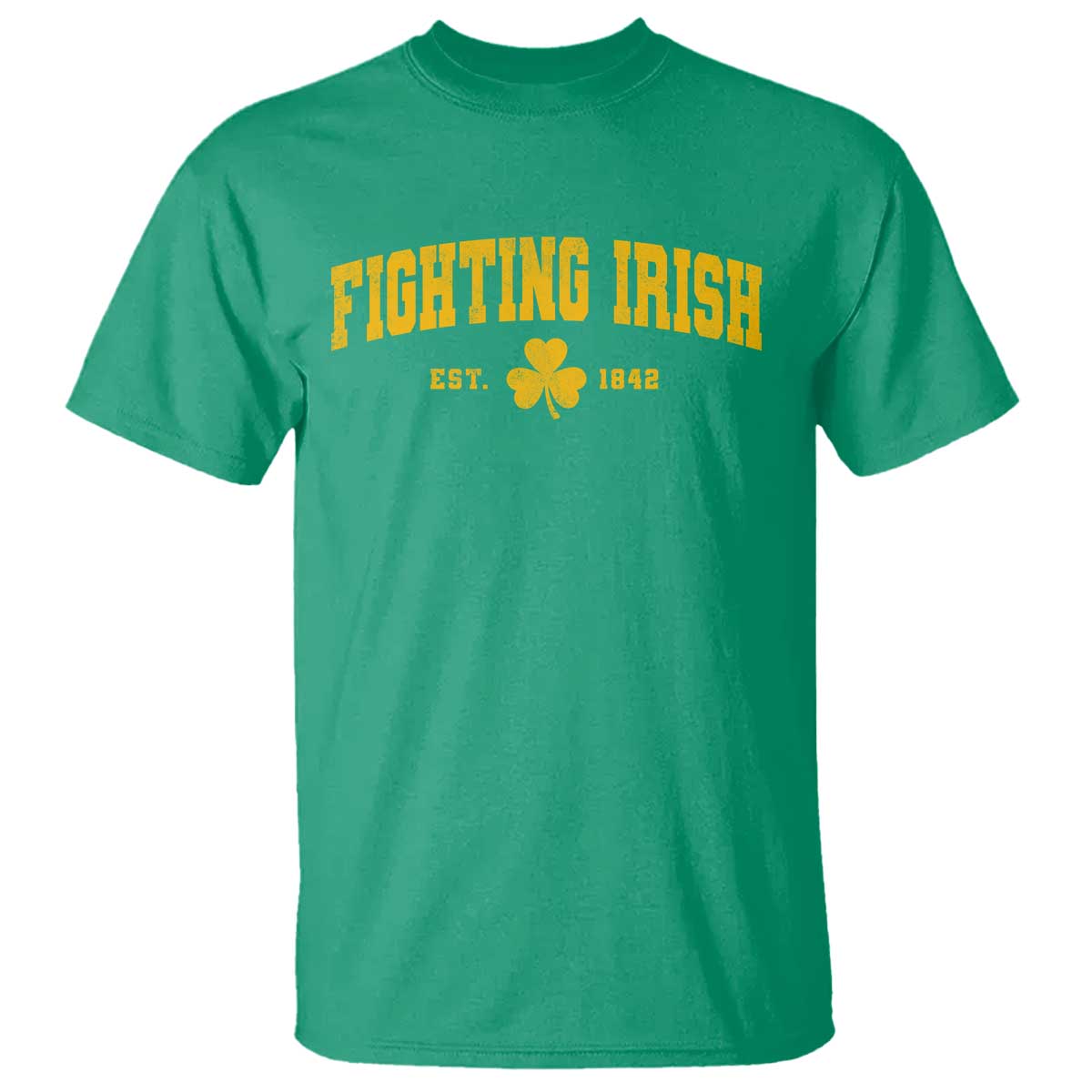Fighting Irish Est 1842 T Shirt Vintage Varsity Sports Jersey Style Gold Shamrock