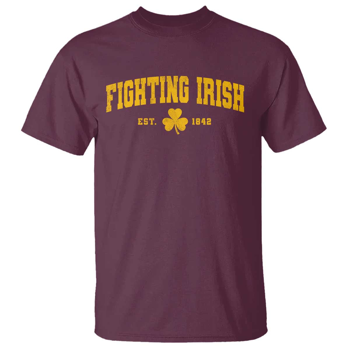 Fighting Irish Est 1842 T Shirt Vintage Varsity Sports Jersey Style Gold Shamrock