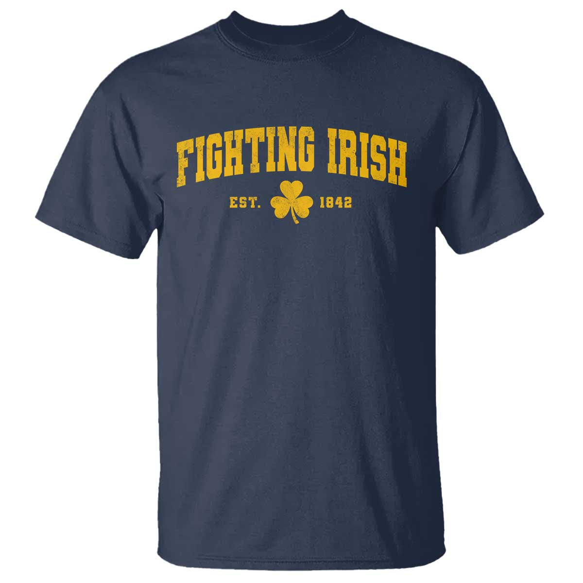 Fighting Irish Est 1842 T Shirt Vintage Varsity Sports Jersey Style Gold Shamrock