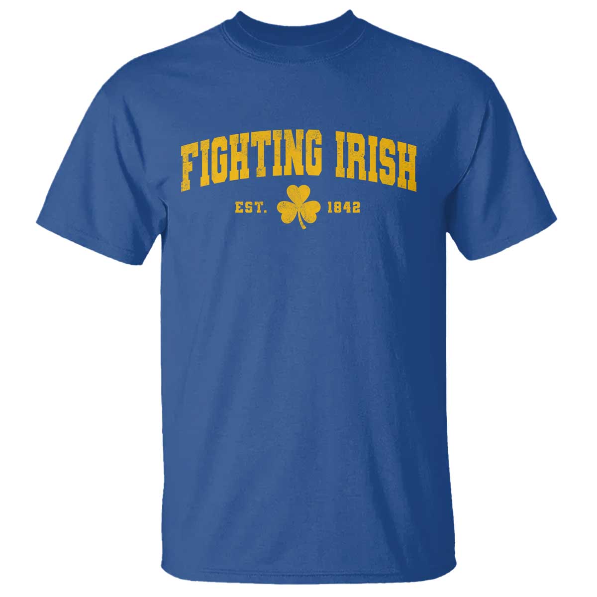 Fighting Irish Est 1842 T Shirt Vintage Varsity Sports Jersey Style Gold Shamrock