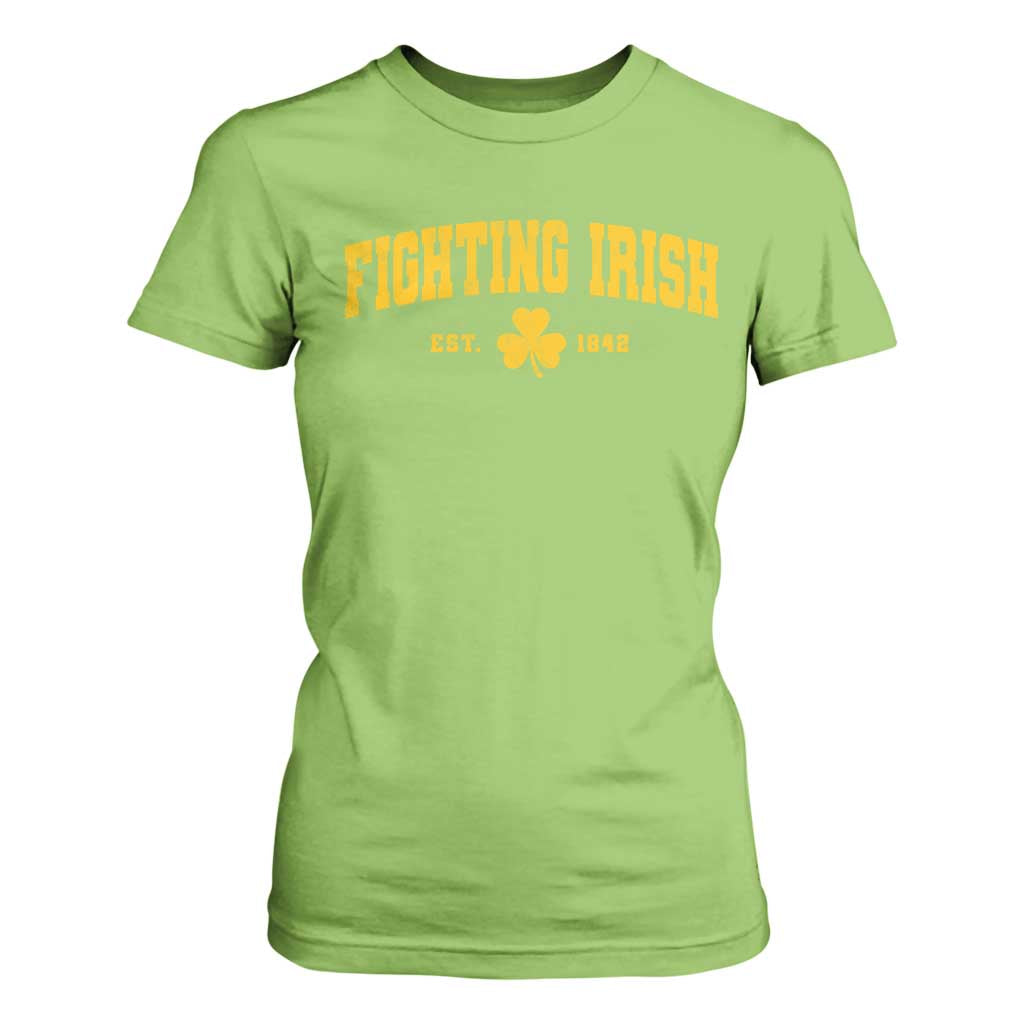 Fighting Irish Est 1842 T Shirt For Women Vintage Varsity Sports Jersey Style Gold Shamrock