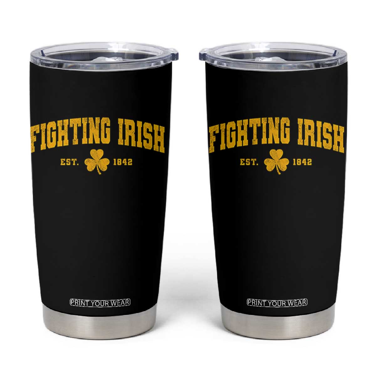 Fighting Irish Est 1842 Tumbler Cup Vintage Varsity Sports Jersey Style Gold Shamrock