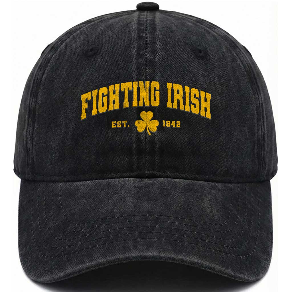 Fighting Irish Est 1842 Washed Cotton Baseball Cap Vintage Varsity Sports Jersey Style Gold Shamrock TS11 Print Your Wear