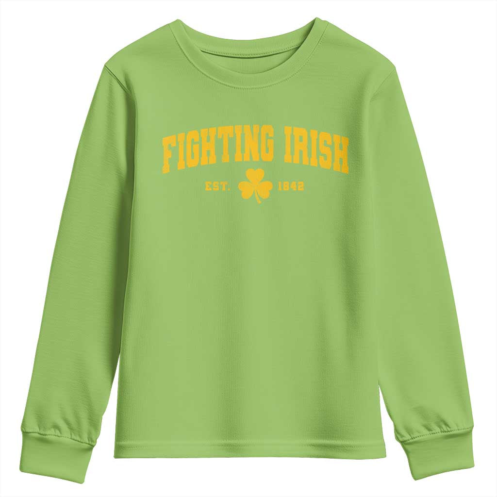 Fighting Irish Est 1842 Youth Sweatshirt Vintage Varsity Sports Jersey Style Gold Shamrock