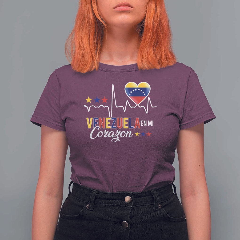 Venezuelan Pride T Shirt For Women Venezuela En Mi Corazon Heartbeat Flag Star TS11 Maroon Print Your Wear