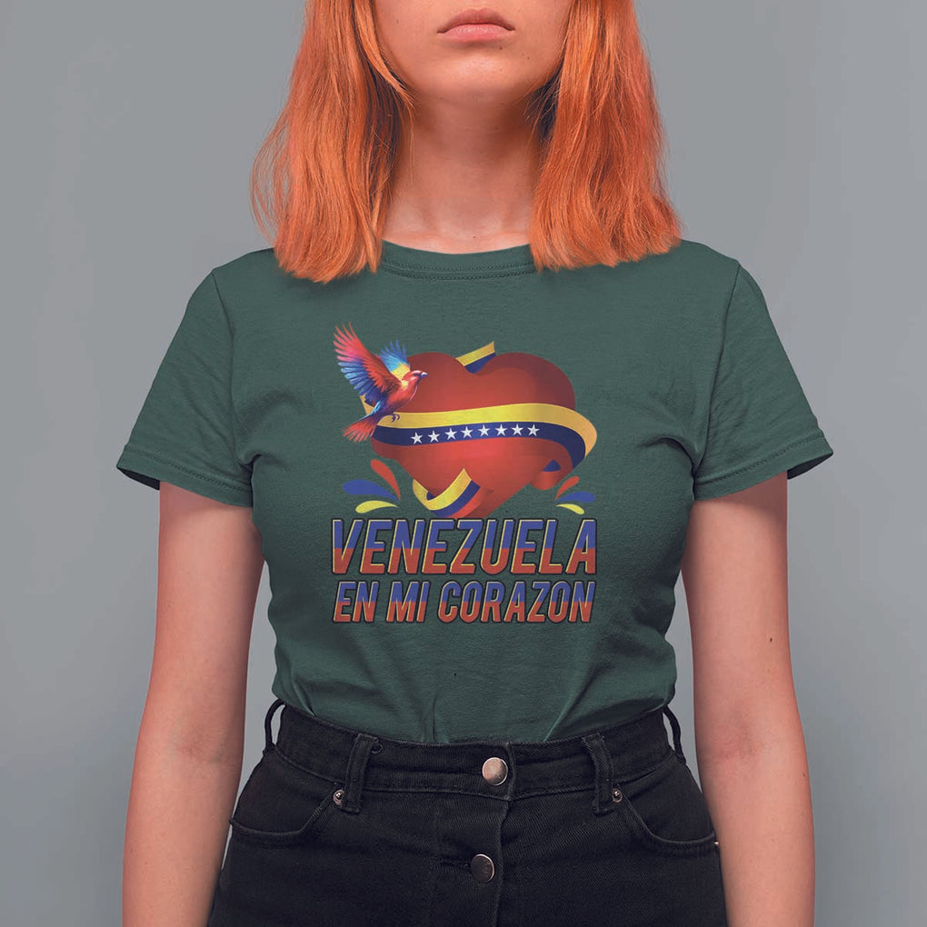 Venezuelan Pride T Shirt For Women Venezuela En Mi Corazon Heart Flag Bird TS11 Dark Forest Green Print Your Wear