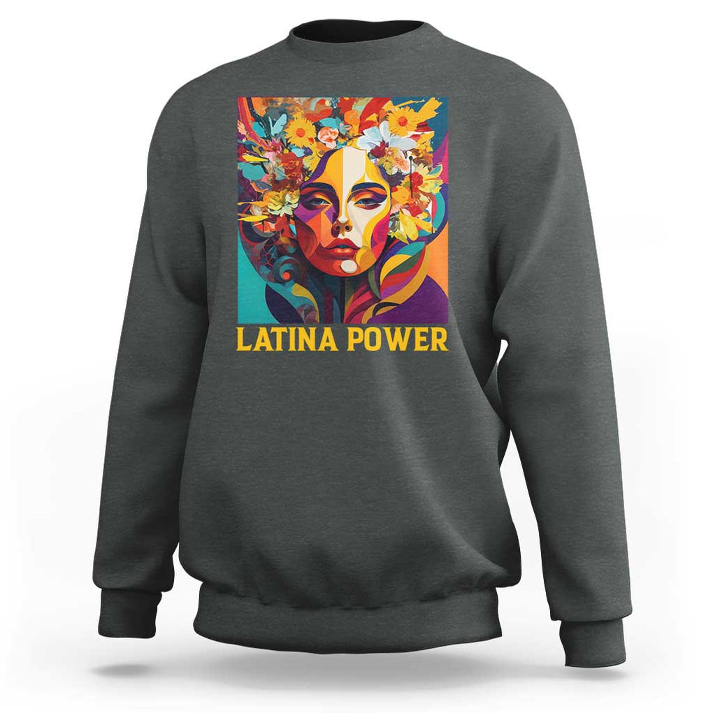 Latina Power Sweatshirt Hispanic Heritage Month Women Flowers Geometric Painting TS11 Dark Heather Print Your Wear