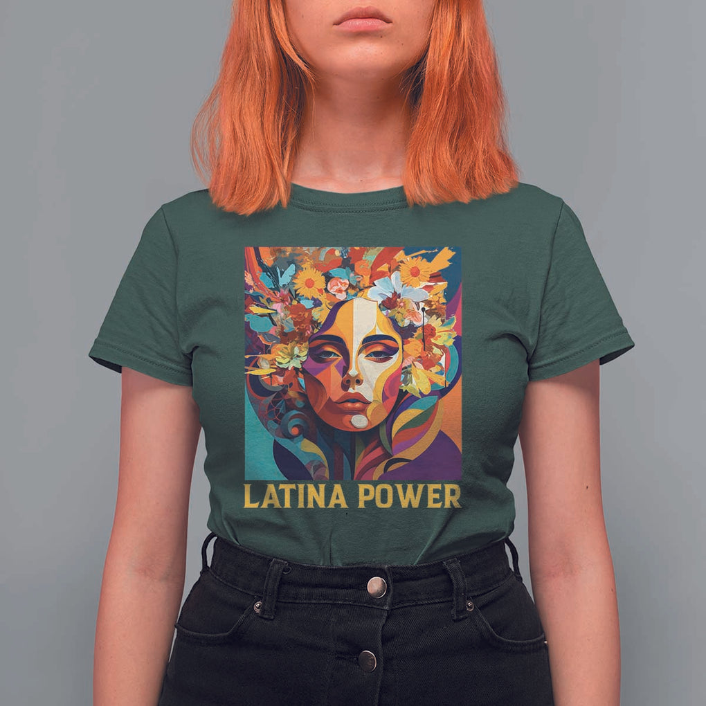 Latina Power T Shirt For Women Hispanic Heritage Month Women Flowers Geometric Painting TS11 Dark Forest Green Print Your Wear