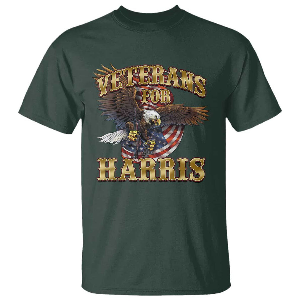 Veterans For Harris 2024 T Shirt Military Vintage Eagle Gun American Flag TS11 Dark Forest Green Print Your Wear