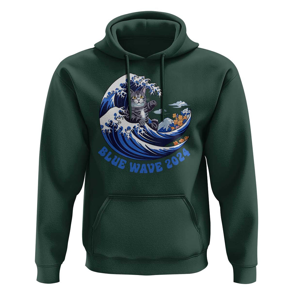 Funny Blue Wave 2024 Hoodie Vote Blue Presidential Elections Cat Tsunami Flowers TS11 Dark Forest Green Print Your Wear