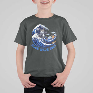 Funny Blue Wave 2024 T Shirt For Kid Vote Blue Presidential Elections Cat Tsunami Flowers TS11 Dark Heather Print Your Wear