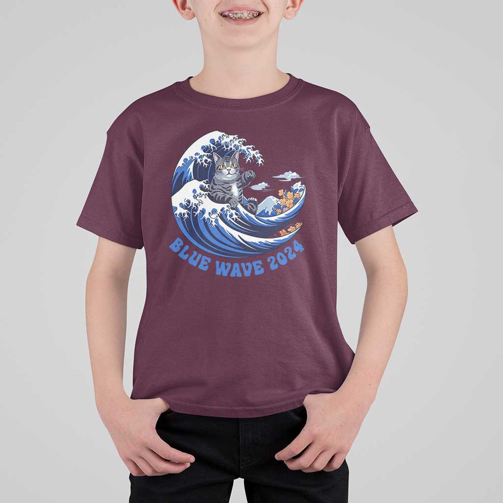 Funny Blue Wave 2024 T Shirt For Kid Vote Blue Presidential Elections Cat Tsunami Flowers TS11 Maroon Print Your Wear