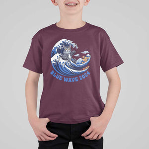 Funny Blue Wave 2024 T Shirt For Kid Vote Blue Presidential Elections Cat Tsunami Flowers TS11 Maroon Print Your Wear