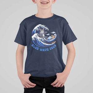 Funny Blue Wave 2024 T Shirt For Kid Vote Blue Presidential Elections Cat Tsunami Flowers TS11 Navy Print Your Wear