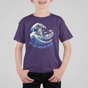 Funny Blue Wave 2024 T Shirt For Kid Vote Blue Presidential Elections Cat Tsunami Flowers TS11 Purple Print Your Wear