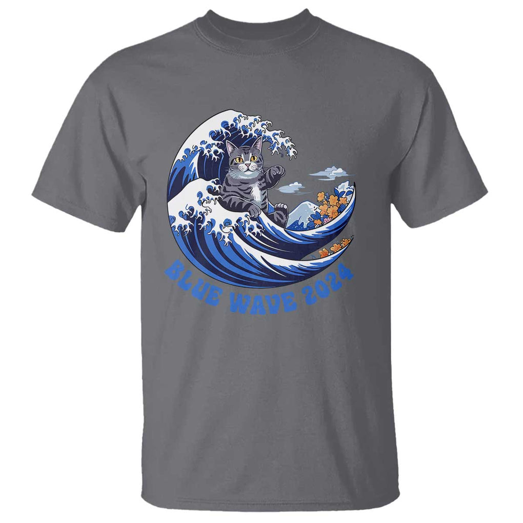 Funny Blue Wave 2024 T Shirt Vote Blue Presidential Elections Cat Tsunami Flowers TS11 Charcoal Print Your Wear