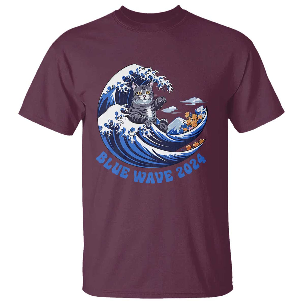 Funny Blue Wave 2024 T Shirt Vote Blue Presidential Elections Cat Tsunami Flowers TS11 Maroon Print Your Wear