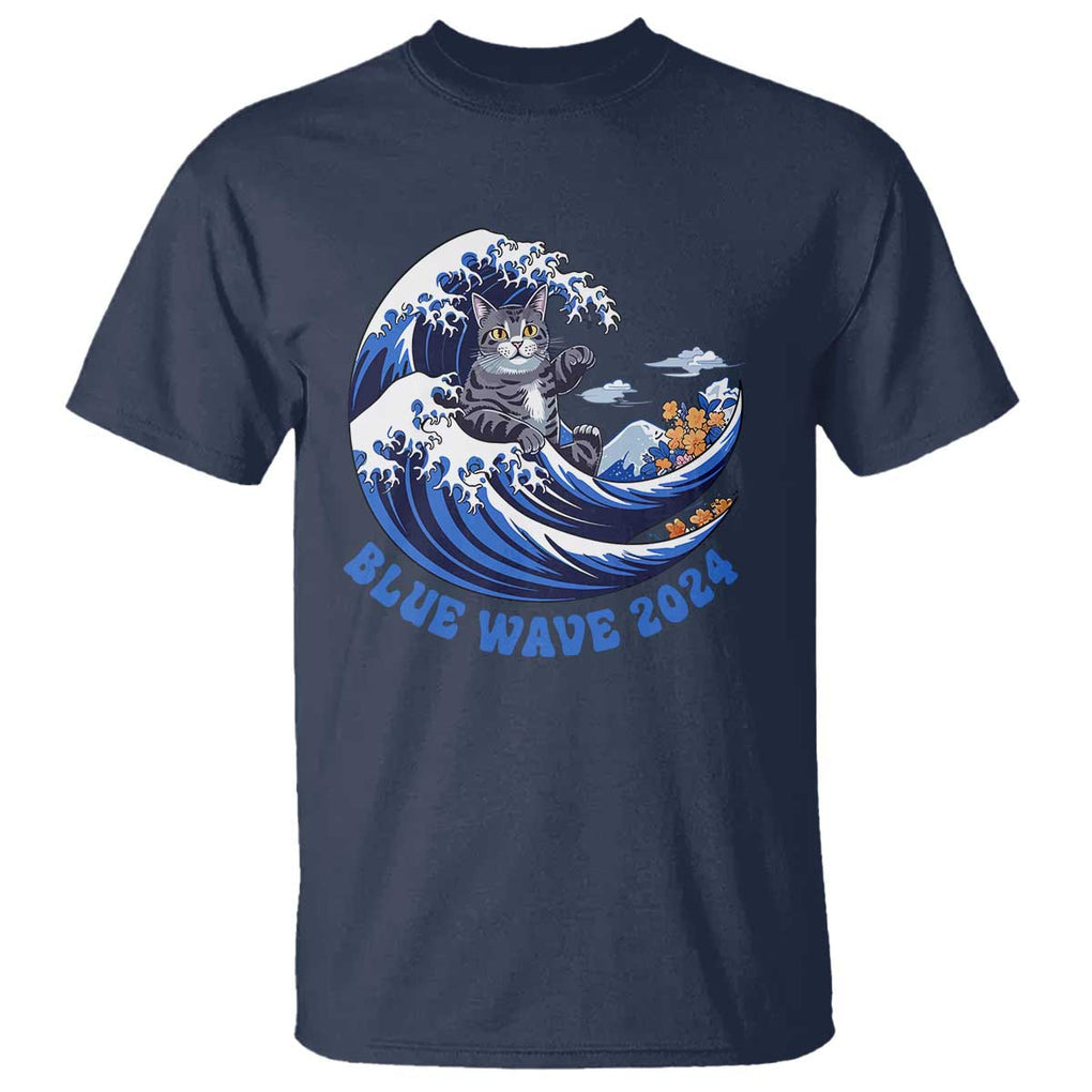 Funny Blue Wave 2024 T Shirt Vote Blue Presidential Elections Cat Tsunami Flowers TS11 Navy Print Your Wear