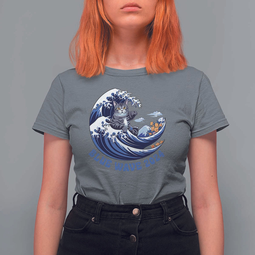 Funny Blue Wave 2024 T Shirt For Women Vote Blue Presidential Elections Cat Tsunami Flowers TS11 Charcoal Print Your Wear