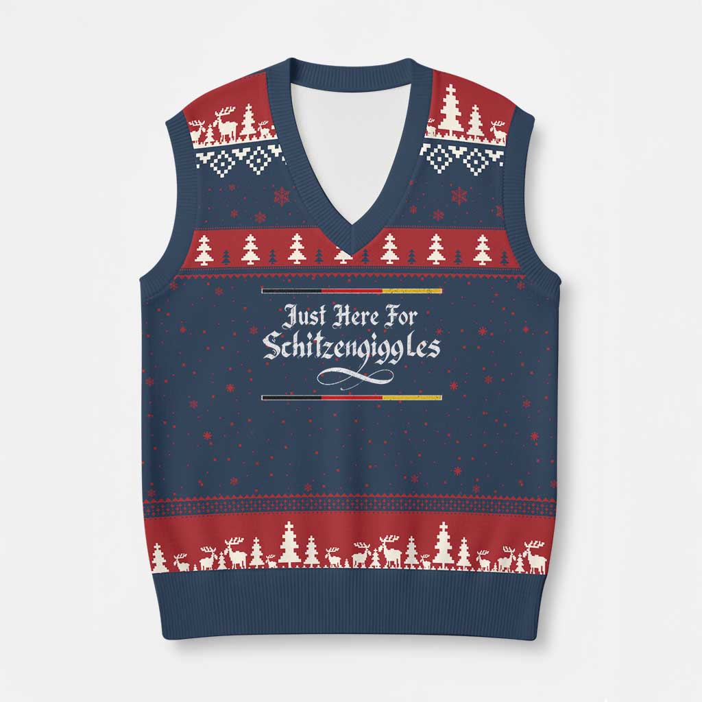 Just Here For Schitzengiggles Funny Oktoberfest V-Neck Knit Sweater Vest German Beer Festival Humor