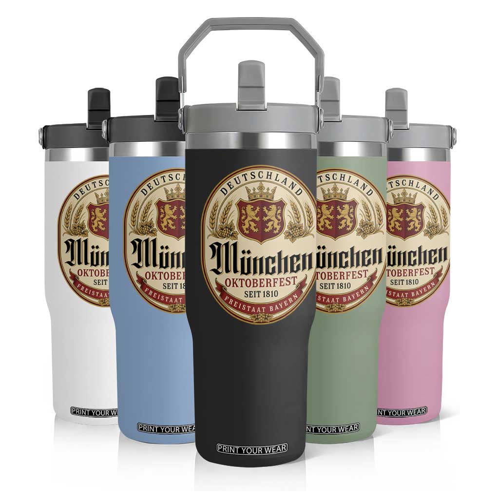 Oktoberfest Munchen Seit 1810 Flip Straw Tumbler Deutschland German Beer Label Bavarian Lion Shield