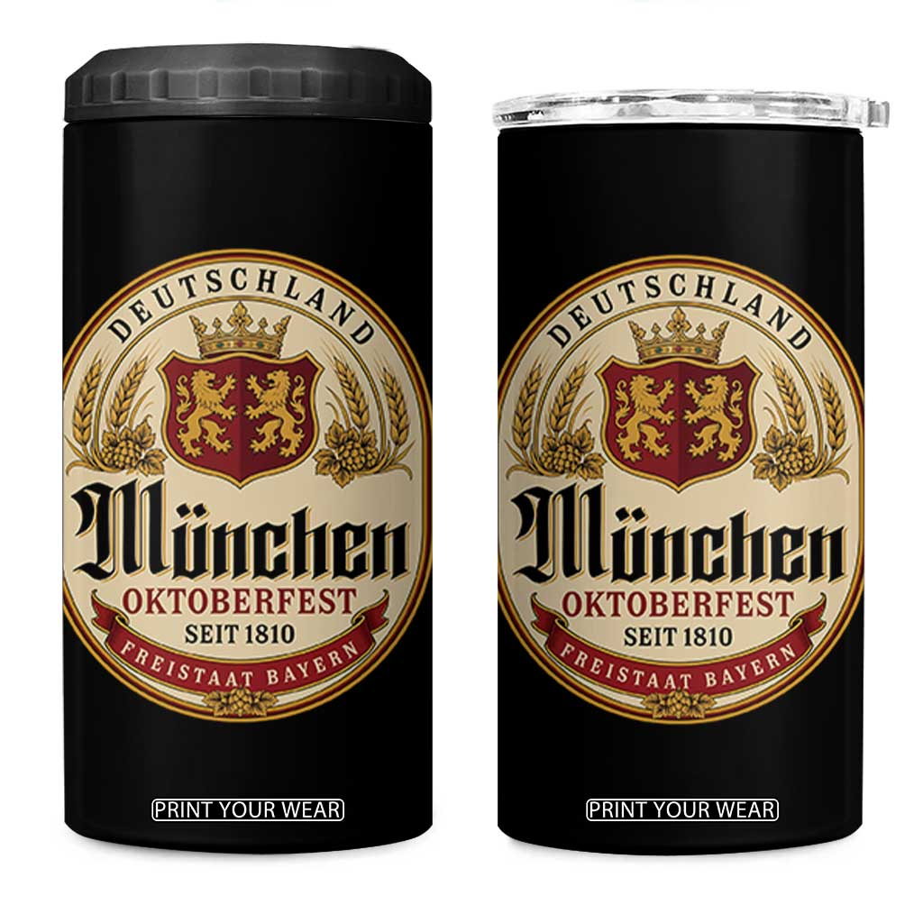 Oktoberfest Munchen Seit 1810 4 in 1 Can Cooler Tumbler Deutschland German Beer Label Bavarian Lion Shield