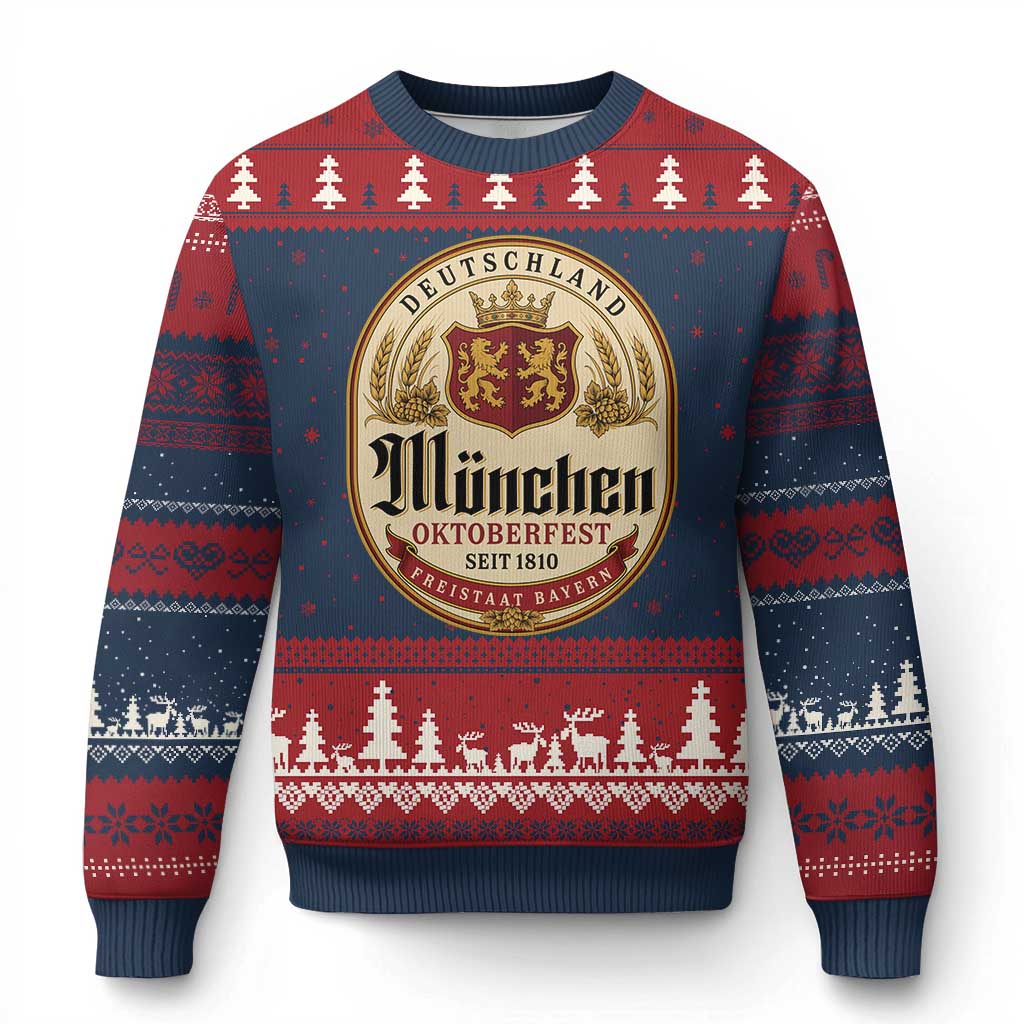 Oktoberfest Munchen Seit 1810 Ugly Christmas Sweater Deutschland German Beer Label Bavarian Lion Shield